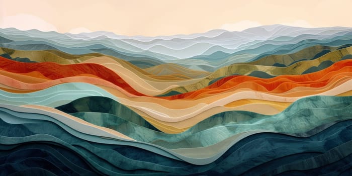 A painting of a mountainous landscape with many different colors
