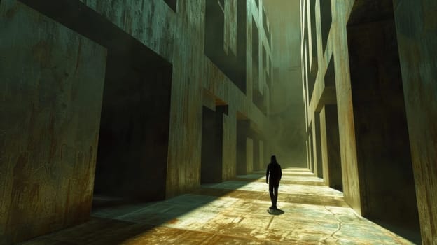 A person walking down a long hallway in an empty building