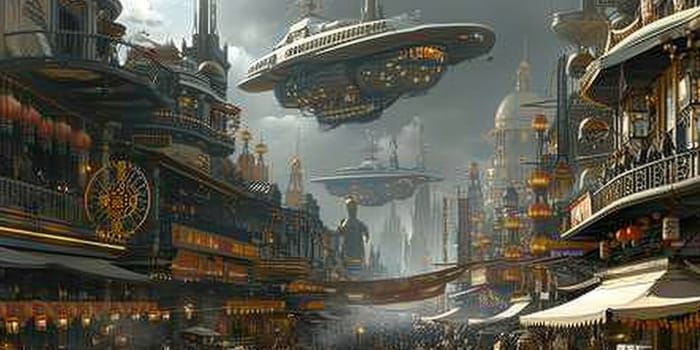 A fleet of steampunk airships hovers above a Victorian-inspired cityscape, enveloped in a golden mist at dawn. Resplendent.