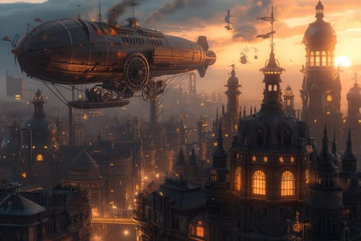 Fantasy steampunk airships float amongst clouds against a dramatic sunset backdrop, evoking adventure and exploration. Resplendent.