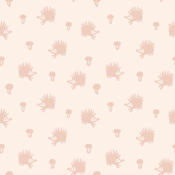 Hand drawn seamless pattern with cute beige hedgehods for nursery kids children. Pastel wood woodland forest animals print in light colors, funny wildlife wrapping fabric, baby background art