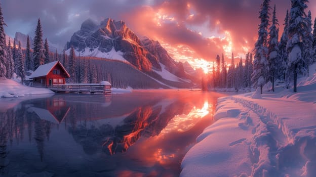 AUTUMN STARS AT DARKNESS, CANADA - JANUARY 23, 2020: Emerald Lake at Sunset, Yoho National Park, Edmonton