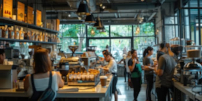 Blurred background of a busy coffee shop with patrons enjoying their drinks and baristas crafting coffee, creating a lively community space. Resplendent.