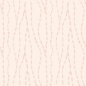 Hand drawn seamless pattern with minimalist lines waves curves, light beige pastel stripes striped abstract geometric design. Beige apricot blush print, trendy warm colors, creative stroke doodle