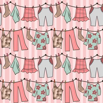 Hand drawn seamless pattern with pink pastel laundry clothesline hanging clothes. Dress pants socks on string line drying dry summer housework in beige orange green, cotton fabric fashion background