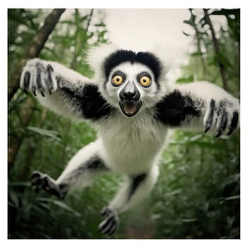 A black and white lemur with yellow eyes in a forest