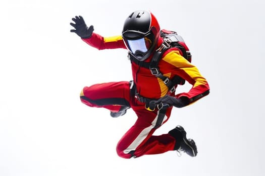 A man in red and yellow jumpsuit flying through the air