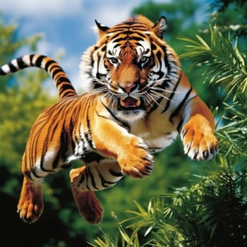 A tiger leaping from a tree branch in the air