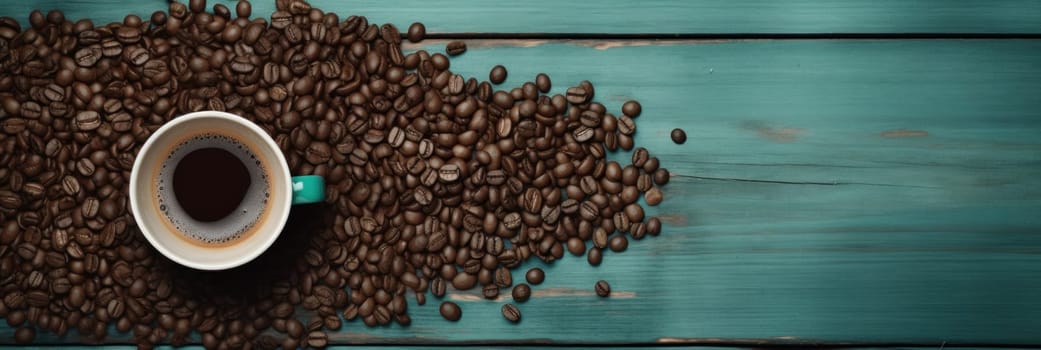 A cup of coffee surrounded by beans on a blue table