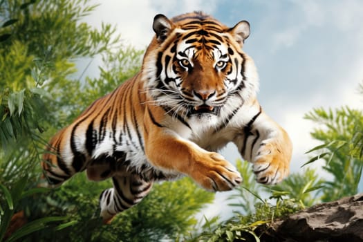 A tiger leaping over a rocky hillside in the jungle