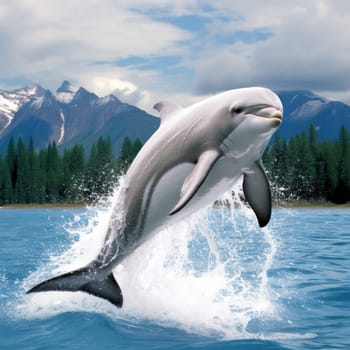 A dolphin jumping out of the water in front of a mountain range