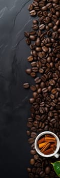 A cup of coffee beans and cinnamon sticks on a black background