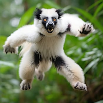 A black and white lemur with large eyes flying through the air