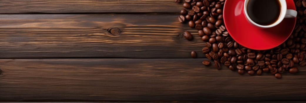 A cup of coffee and a saucer on top of some beans