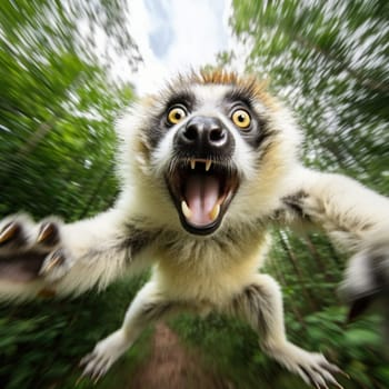 A close up of a lemur with its mouth open and eyes wide