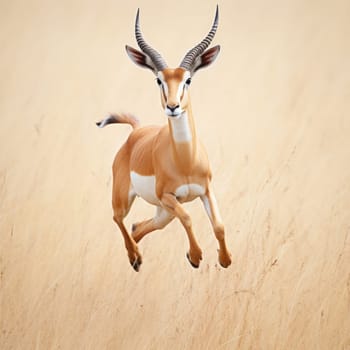 A gazelle running through a field of tall grass with its horns out