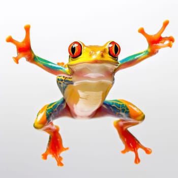 A colorful frog with red eyes and orange legs jumping in the air