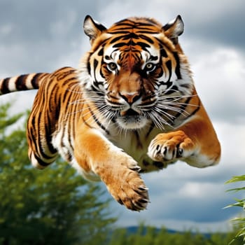 A tiger is flying through the air with its mouth open