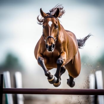 A horse jumping over a wooden fence in the air