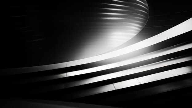 A black and white photo of a curved metal stairway