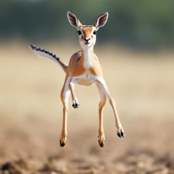 A small gazelle in the air with a brown background