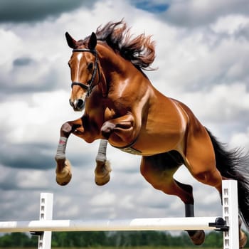 A horse jumping over a white fence in the sky