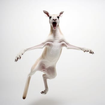 A kangaroo jumping in the air with its mouth open