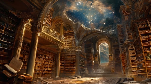 An ancient library filled with magical books, glowing orbs, and mystical artifacts. Shelves reach up to a high, vaulted ceiling, with soft light filtering through stained glass windows. Resplendent.