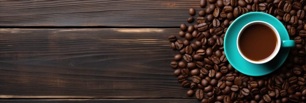 A cup of coffee on a wooden table with roasted beans