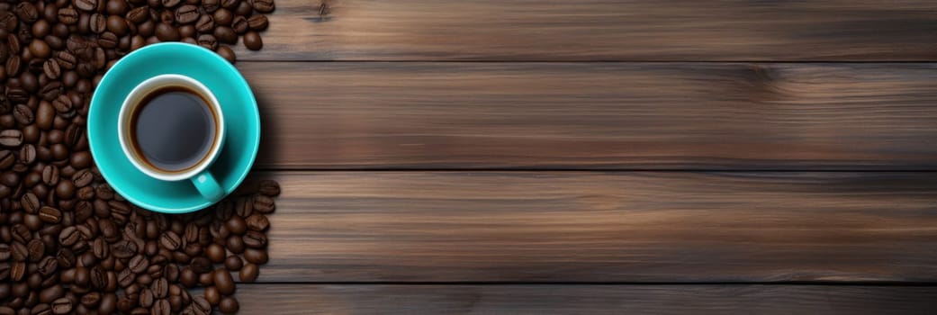 A cup of coffee on a wooden table with beans