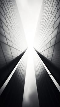 A black and white photo of two tall buildings looking down at each other