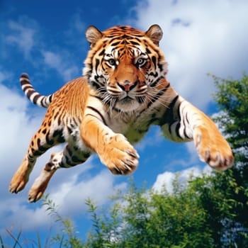 A tiger is leaping through the air in front of a blue sky