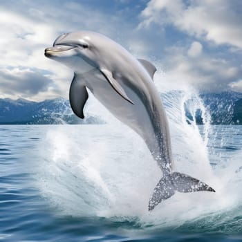 A dolphin jumping out of the water in front of a mountain