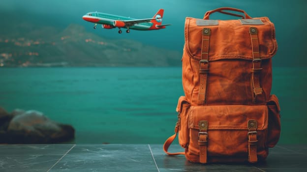 World tourism day backpack with an airplane on a colored background