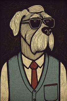 A drawing of a dog wearing glasses and a vest