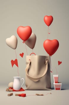 A handbag and a cup of coffee with hearts flying out of it