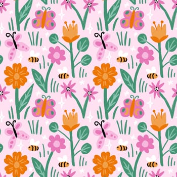 Hand drawn seamless pattern with colorful charcoal flowers bees butterflies. Bright funny print for nursery kids chuildren, blue pink orange colors, simple illustration for fabric wrapping paper