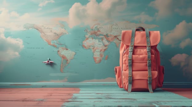 A backpack with an airplane on a colorful background. It is a concept for World Tourism Day.