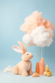 A stuffed rabbit sitting next to a bunch of balloons