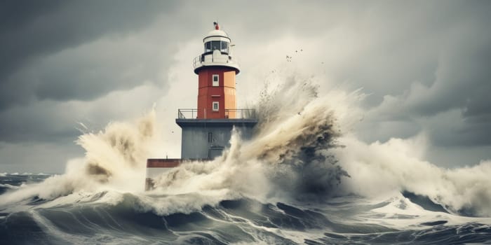 A lighthouse in the middle of a large wave
