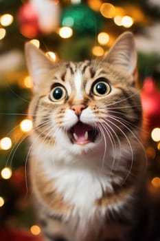 A close up of a cat near a christmas tree