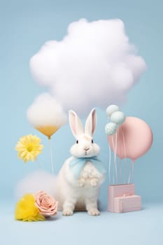 A white rabbit with a blue bow and some balloons