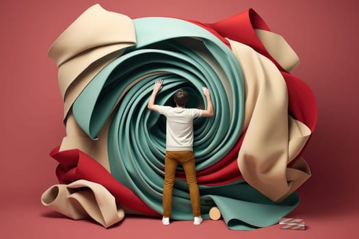 A man standing in front of a giant roll of fabric