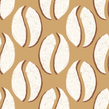 Hand drawn seamless pattern with beige brown coffee beans. Sketch beverage hot drink print for cafe restaurants, grain food arome, vintage breakfast barista