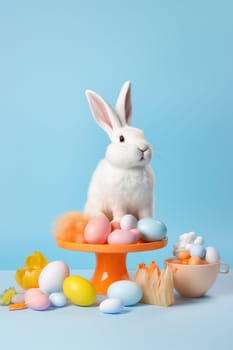 A white rabbit sitting on top of a cake