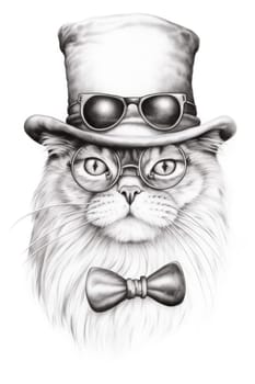 A drawing of a cat wearing a hat and glasses