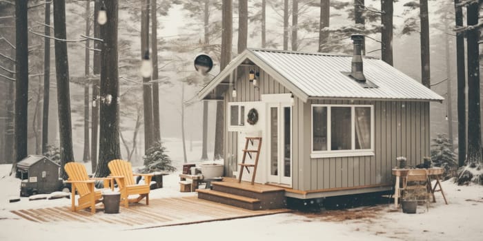 A small cabin sits in the middle of a snowy forest