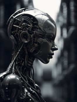 A close up of a person with a robot head