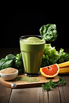 A glass of green smoothie next to some fruits and vegetables