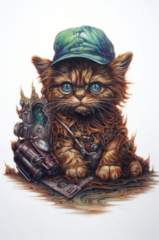 A painting of a cat wearing a hat and holding a gun